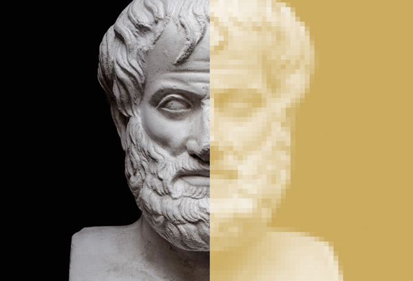 head of an Aristotle statue pixelated on the right side