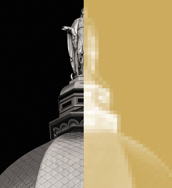 Mary statue on top of the golden dome pixelated on the right side