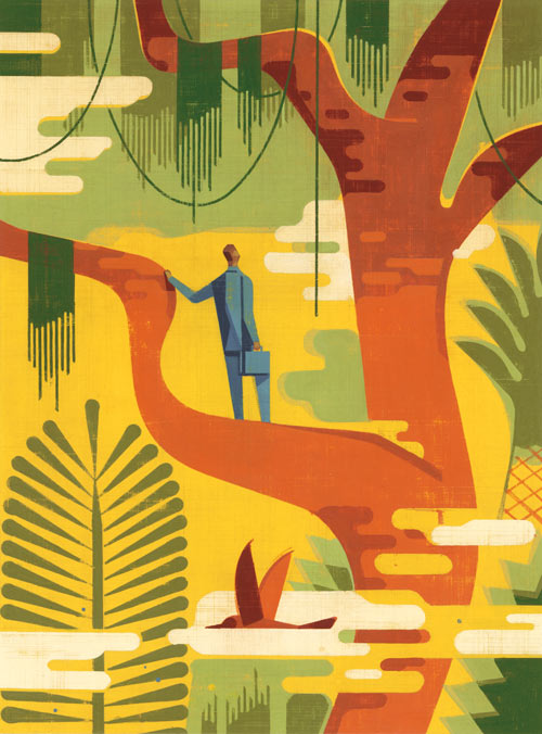 illustration of a man in a business suit standing on a tree branch in a jungle with a bird flying underneath