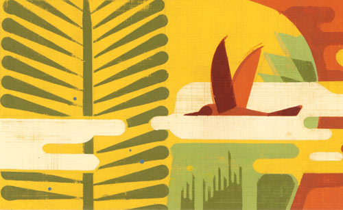 illustration of a bird flying through a jungle