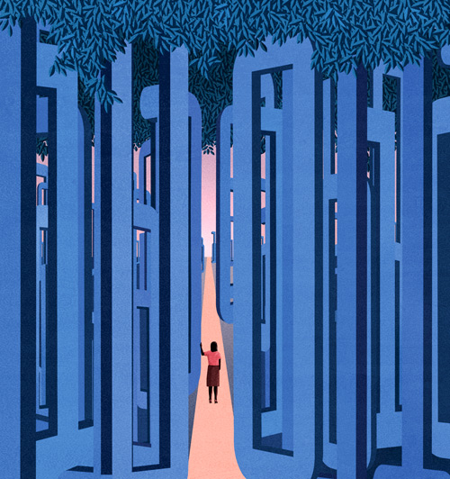 a woman stands in a forest of ones and zeros facing a path of light out of the forest