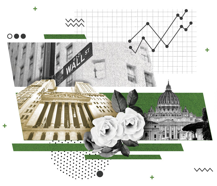 collage illustration of the wall street sign roses saint peter's basilica and the NY stock exchange