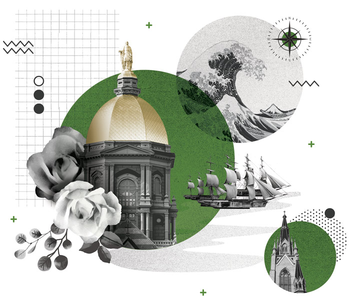 collage illustration of the golden dome, the Under the Wave off Kanagawa painting, an old ship, roses and the basilica