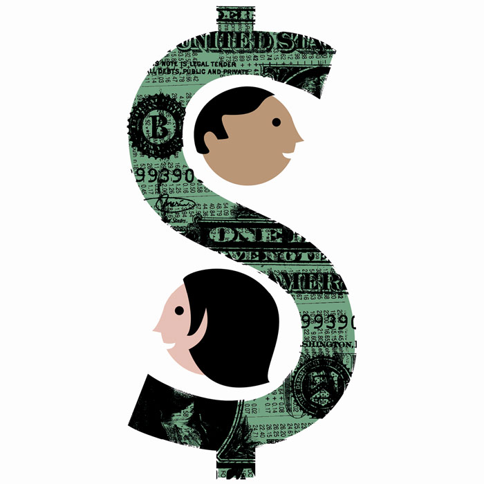 illustration of a dollar sign with two heads in the curves facing opposite ways