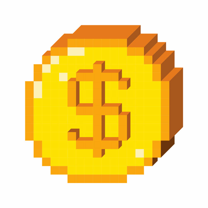 a pixelated gold coin with a dollar sign on it