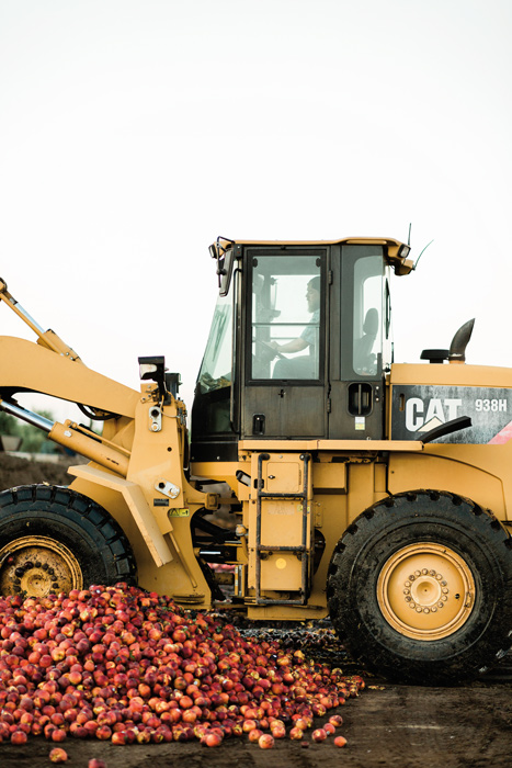 a large loader with a mound of peaches beside of it