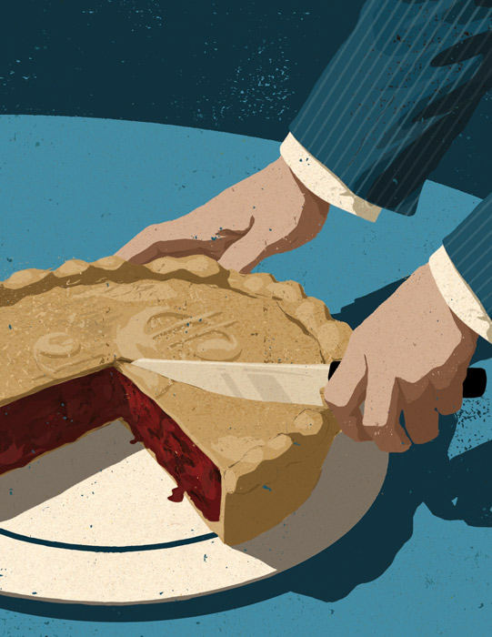 illustration of a business person slicing a pie with a dollar sign on the top