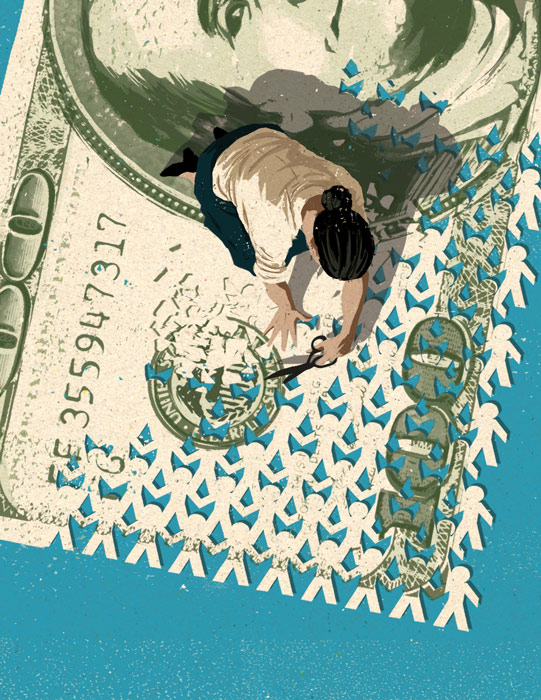 illustration of a woman cutting figures out of a 100 dollar bill