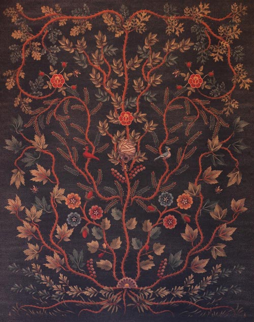 tapestry with floral elements and birds