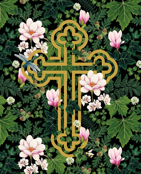 illustration of a cross with floral and insect elements