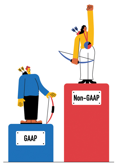 Illustration of two people standing on pedestals labeled GAAP and Non-GAAP
