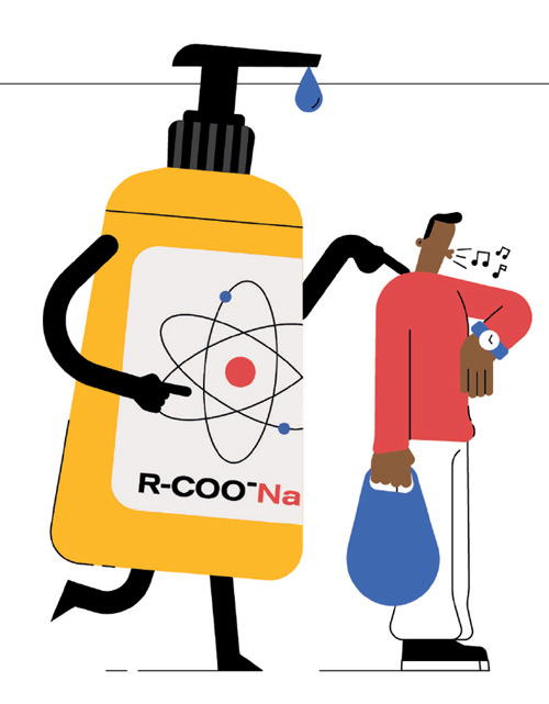 illustration of a bottle with a science label tapping on a man's shoulder
