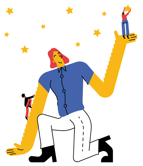 Illustration of a woman whose arms are ladders lifting other women up to the stars.