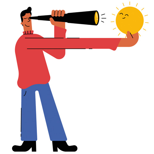 Illustration of a man looking at a sun with a telescope