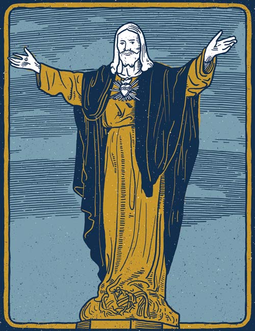 an illustration of the jesus statue on the main quad of the University of Notre Dame